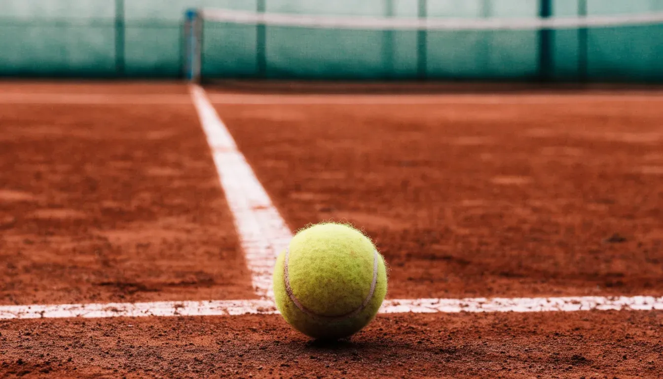 Ein Tennisball liegt auf rotem Sand neben einer verblassten Linie, das Licht ist weich.