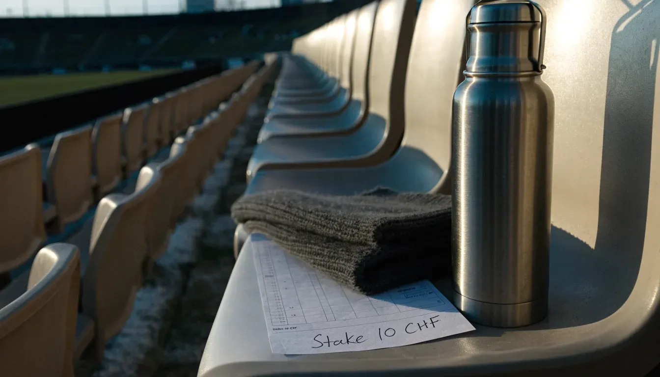 Ein grauer Wollschal und eine Thermoskanne liegen auf einem Sitz im winterlichen Stadion, Raureif liegt auf den Stufen.