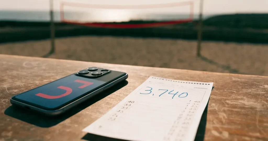 Ein Volleyballnetz spannt sich an einem leeren Sandstrand, das Meer liegt im Dunst.