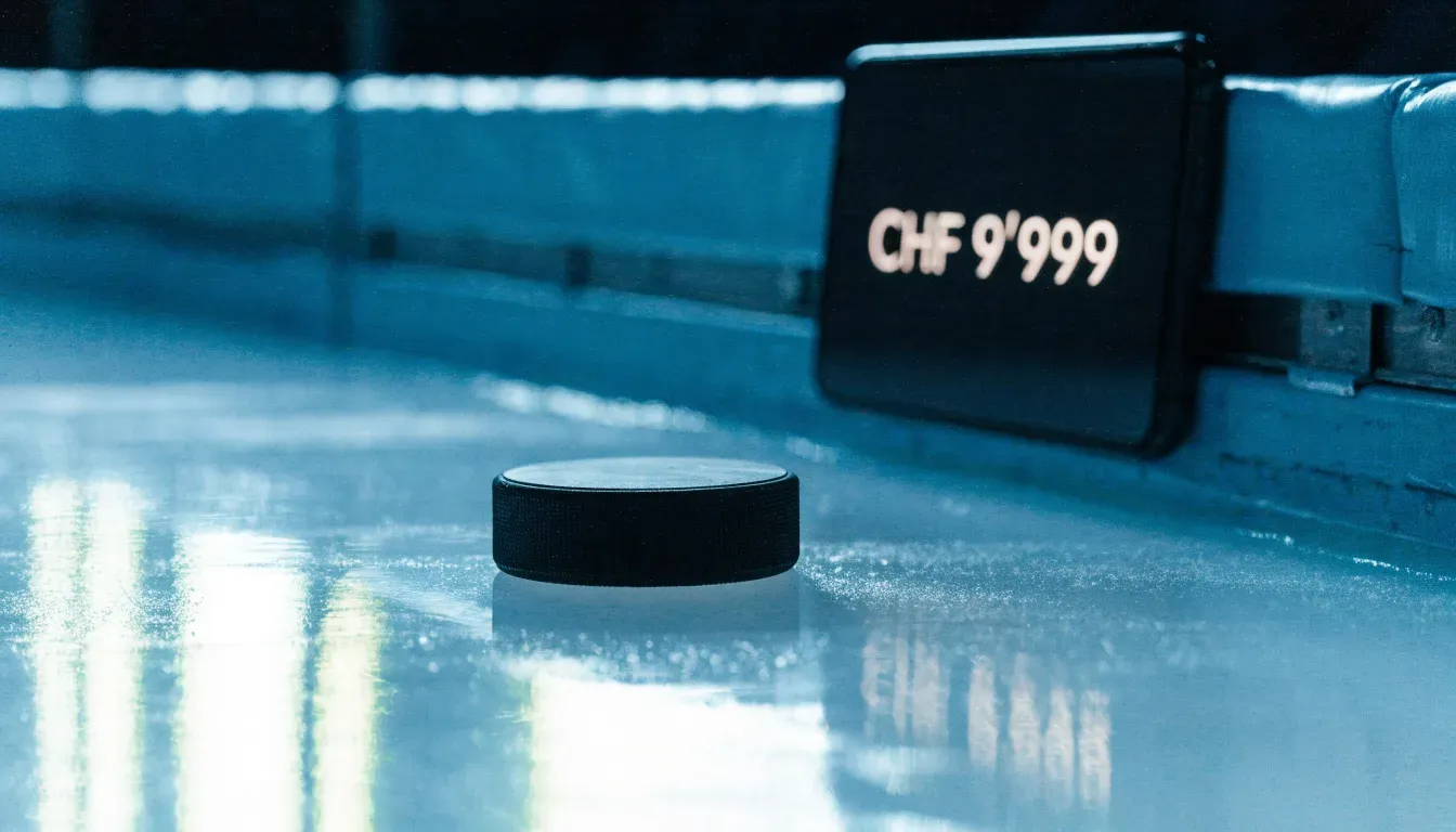 Ein Eishockeypuck liegt in Grossaufnahme auf glatter Eisfläche, im Eis spiegeln sich Hallenlichter.